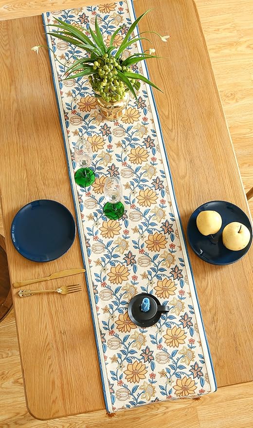 ISAENNE Designer Bohemian Elegant Linen Table Runner 102 Inches Long,Floral Pattern Duable Decor Table Runners for Dining Tables,Thanksgiving,Kitchen Tables,Christmas,12"*102"-Estevan B