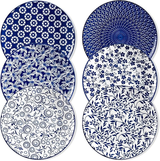 vancasso Ceramic Dinner Plates Set of 6, Large Vintage Plates 10.25 Inch Set of 6 for Kitchen, Porcelain Blue and White Plates for Kitchen, Microwave Oven Dishwasher Safe, Vintage Gift, Blue