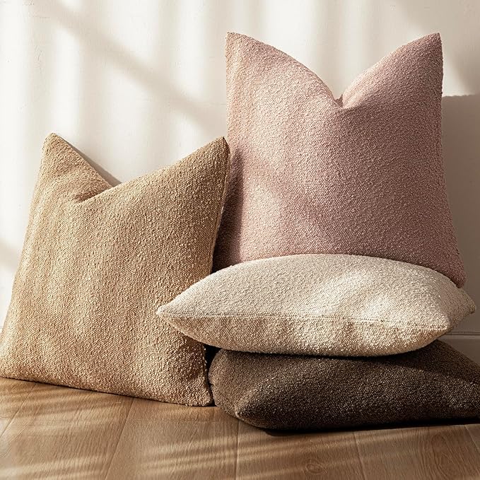 Foindtower Set of 2, Decorative Textured Boucle Throw Pillow Covers Accent Solid Pillow Cases Neutral Soft Cozy Couch Cushion Case for Chair Sofa Bedroom Living Room Home Decor 16 x 16 Inch Light Pink