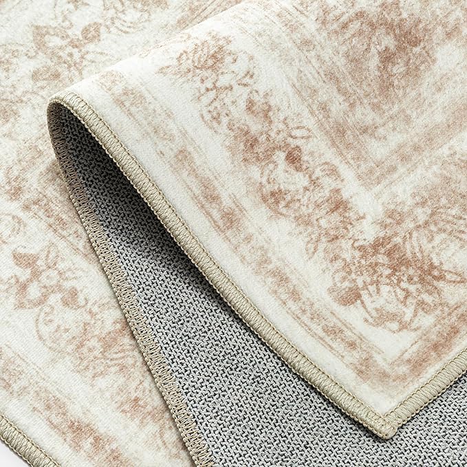 Runner Rug 3x7 Cream Hallway Washable Beige Carpet Non Slip Vintage Medallion Beige Carpet Low Pile Soft Distressed Retro Indoor Long Rug for Entryway Kitchen Bathroom Laundry Bedroom