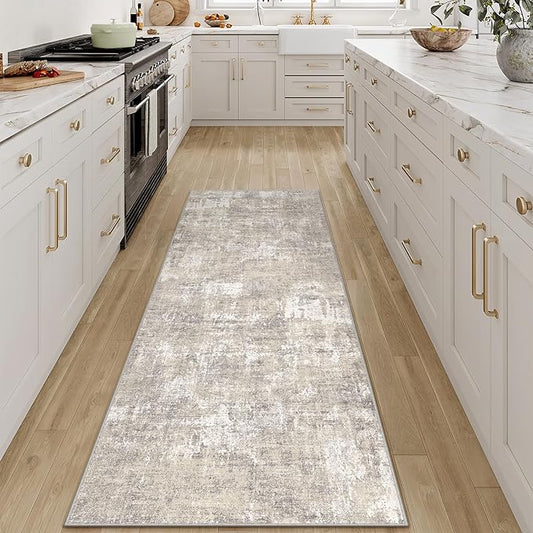 Machine Washable Runner Rug 2x6 Beige Gray Hallway Neutral Indoor Accent Modern Abstract Kitchen Low Pile Carpet Non Slip Distressed Throw Area Rug Living Room Bedroom Office Dining Room