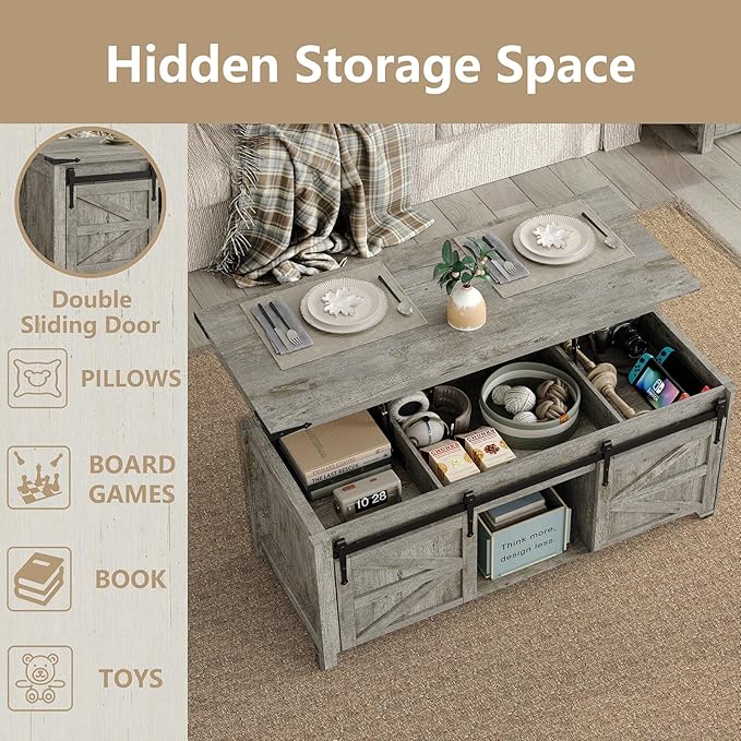 Lift Top Coffee Table, 47.3'' Farmhouse Coffee Table with Large Hidden Storage Compartment & Sliding Barn Doors, Wood Modern Rectangle Table for Home, Office, Rustic Grey