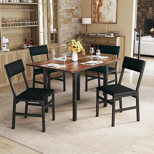 Dining Table Set for 4, Extendable Kitchen Table Cushion Chairs Set of 4, Rectangle Dining Table with Metal Frame & MDF Board, Folding for Small Apartment Saving Space, Rustic Brown