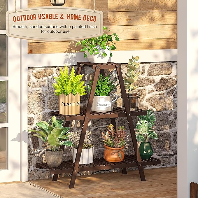 Plant Stand Indoor Plant Shelf Outdoor bamboo Plant Rack, 3 Tiers Ladder Plant Holder Flower Stand for Living Room Balcony Garden Patio,Living Room Boho Home Decor for Gardening Gifts (Brown)