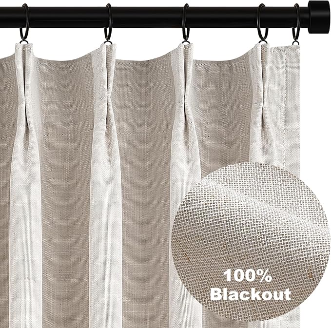 Topfinel 90 Inches Long Full Blackout Linen Curtains for Bedroom, Oatmeal Pinch Pleated Sound Block Curtains, Beige Decorative Elegant Farmhouse Lined Drapes 2 Panels Set for Living Room Sliding Door
