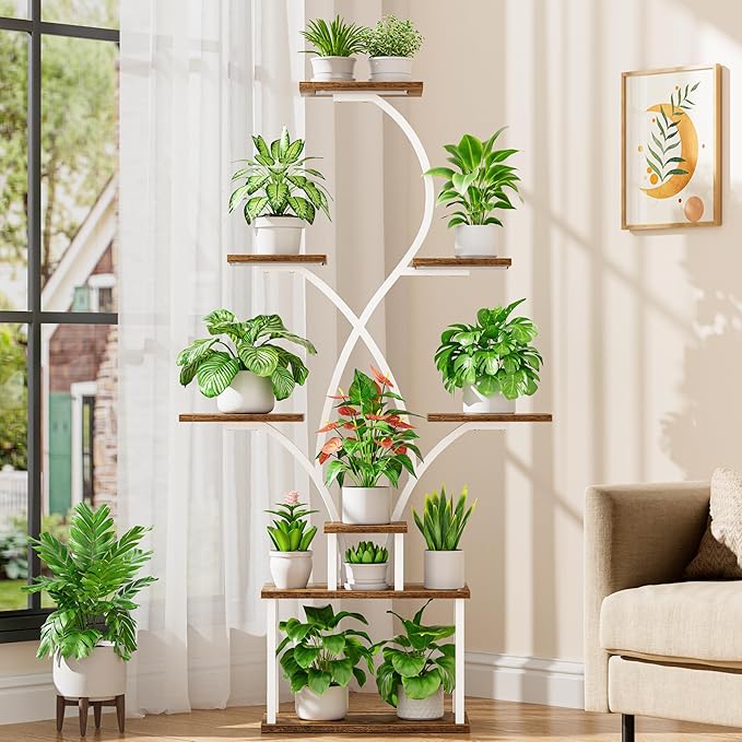 Plant Stand Indoor with Grow Lights - 62" Tall Plant Shelf Indoor, Lighted Corner Plant Stands for Indoor Plants, 8 Tiered Flower Spike-Shaped Rack for Living Room, Patio, Balcony Decor（White)