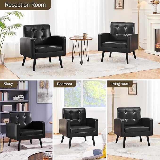 Yaheetech Mid-Century Accent Chairs, PU Leather Modern Upholstered Living Room Chair, Cozy Armchair Button Tufted Back and Wood Legs for Bedroom/Office/Cafe Black