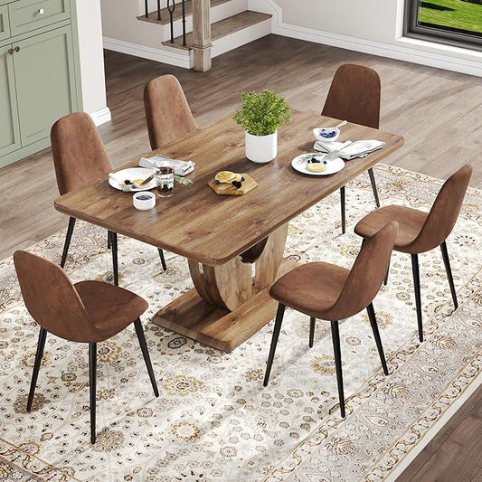 Wooden Dining Table Set for 6, 63" Rectangular Kitchen Table with Upholstered Chair, Modern Dining Room Furniture with Faux Leather Seating and Sturdy Metal Legs, Brown Farmhouse Table Set