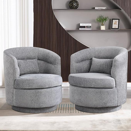 CANMOV Swivel Barrel Chair Set of 2,Modern Round Accent Arm Chairs, Swivel Accent Chair with Pillow, Upholstered Comfy 360 Degree Swivel Single Circle Club Sofa Chair for Living Room Bedroom,Dark Grey