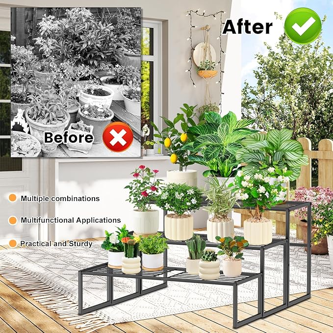 3 Tier Metal Plant Stand Indoor Outdoor, Potted Multiple Flower Pot Holder Rack Plant Shelf, Heavy Duty Planter Display Shelving for Patio Balcony Garden Living Room Decorative (3 Tier- Black)