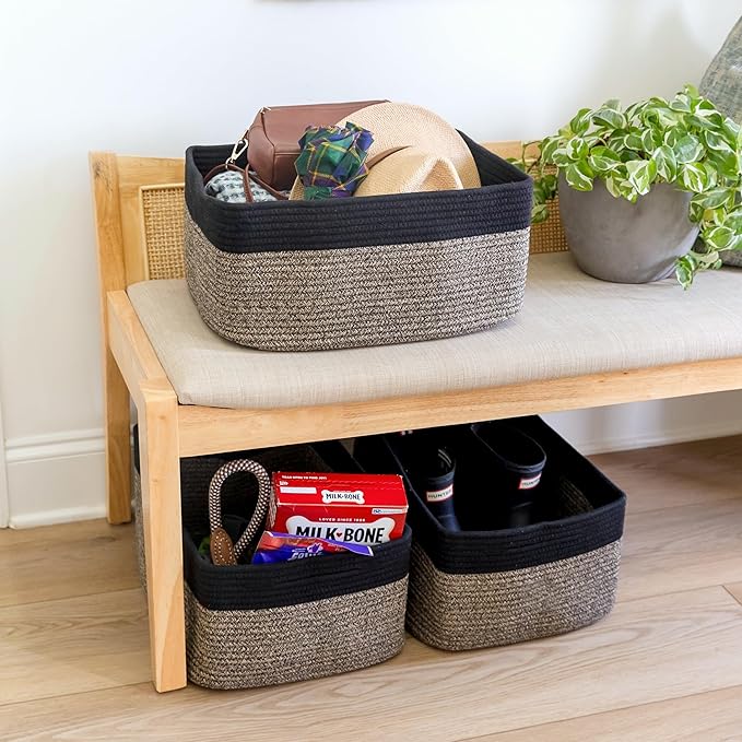 NaturalCozy Storage Baskets 16.8”x13”x7.6” Cotton Rope Woven Baskets for Organizing 3-Pack | Toy Storage Bins | Basket for Shelves, Laundry, Blanket, Clothes, Closet, Kitchen, Bathroom, Gifts