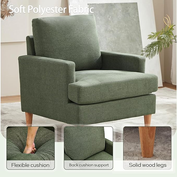 VKNOW Mid-Century Accent Chair, Modern Upholstered Armchair for Living Room,Comfy Reading Accent Chairs with Wood Legs for Bedroom, Green Polyester