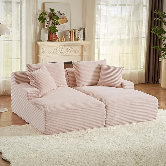 Oversized Double Chaise Lounge, Corduroy Boneless Couch, Modern Oversized Chaise Lounge, Upholstered Sleeper Sectional Sofa Daybed with Throw Pillows and Armrest for Living Room, Pink