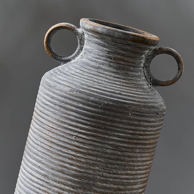 Ceramic Rustic Vase with 2 Round Handles, Antique Farmhouse Flower Vase, Vintage Terracotta Vases for Home Decor, Wedding, Living Room, Table, Shelf Decor - 10.2 Inch Tall, Black Bronze