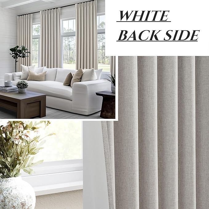 Grey Beige Viral Thick Linen Blackout Curtains 90 Inches Long for Bedroom/Dining Room 2 Panels Set, Neutral Pinch Pleated Melange Energy Efficient Sunblock Drapes with White Backing (40"Wx90"L)