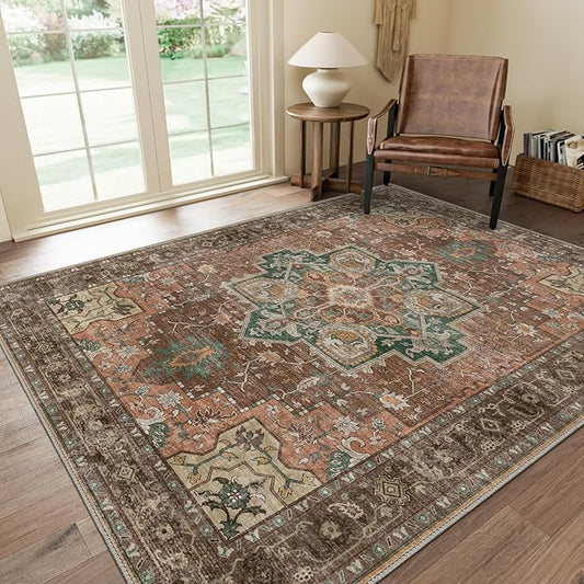 GENIMO 5x7 Area Rugs for Living Room, Machine Washable Non Slip Vintage Rugs, Low Pile Lightweight Chenille Print Rug for Bedroom, Dining Room, Home Office, Rosewood