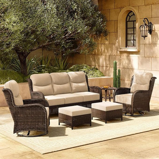 HILLGA Luxury Patio Furniture Set with 6-inch Thick Cushion, Outdoor Couch and High Back Swivel Rocker Patio Chairs, 6PCS Wicker Conversation Set for Deck Yard and Poolside, Beige (V2)