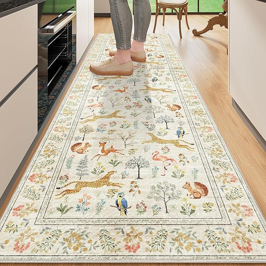 DUKINO 2.6x8 Rug for Hallway, Washable Kitchen Runner Rug with Non Slip Backing, Soft Low Pile Vintage Animal Runner for Bedroom, Kitchen, Hallway, Entryway, Laundry, Beige