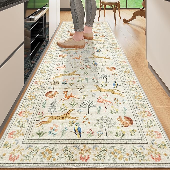 DUKINO 2x6 Rug for Hallway, Washable Kitchen Runner Rug with Non Slip Backing, Soft Low Pile Vintage Animal Runner for Bedroom, Kitchen, Hallway, Entryway, Laundry, Beige
