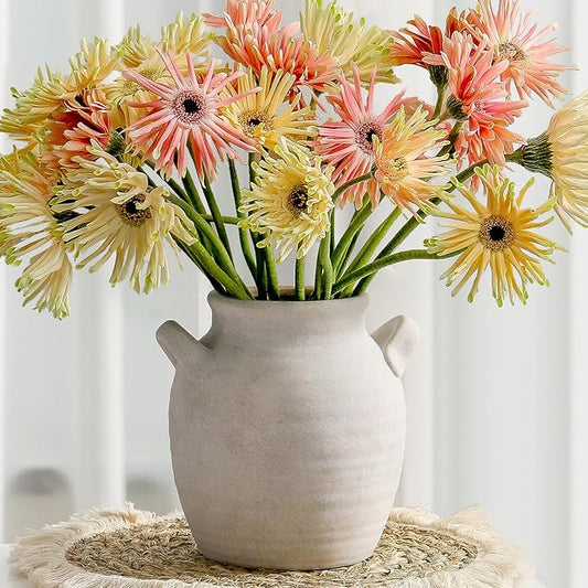 Ceramic Flower Vase Home Decor - Farmhouse Table Vases with Handle Living Room Decoration Vintage Decorative Aesthetic for Shelf Coffee Dining Desk House Bookshelf Fireplace (7.1" Rustic)