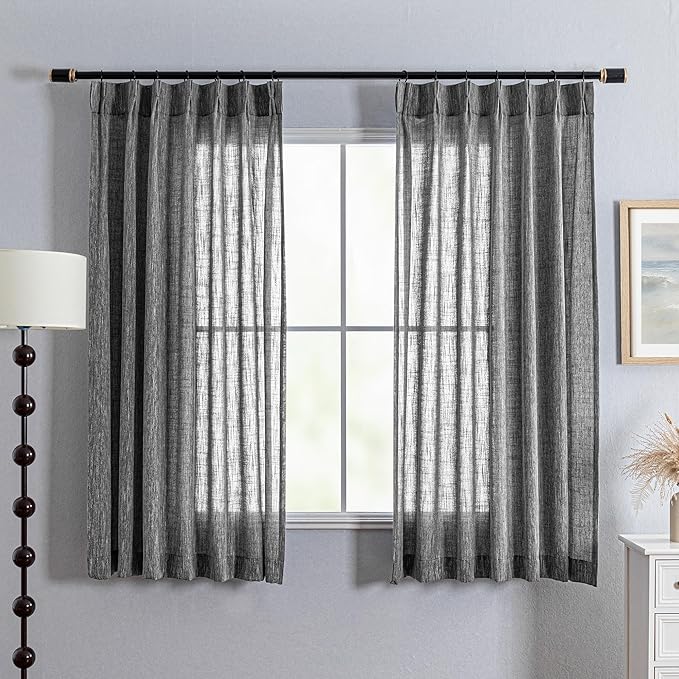 MYSKY HOME Bedroom Curtains Semi Sheer 63 Inch Long Light Filtering Privacy Drapes Linen Look Textured Farmhouse Boho Home Decor, Pinch Pleated Curtain for Bedroom, 40 x 63 in, Dark Grey, 2 Panels