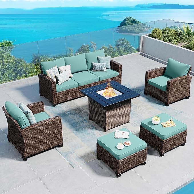 Patio Furniture Set Outdoor Furniture Brown Wicker Rattan Patio Conversation Sets with Cushion Outside Sofa Set,5 Pieces with Firepit Table,7 Seats,Blue