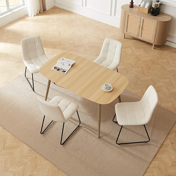 55'' Scratch Resistant Modern Wood Dining Table for 4 with Leather U-Shaped Chairs - Kitchen Dining Room Furniture (Easy to Assemble, Pet Friendly Surface, White Chair