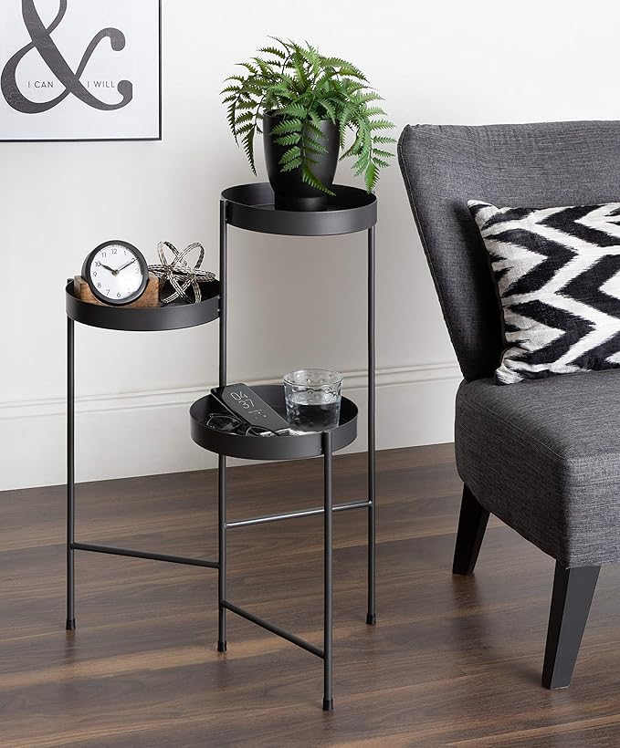 Kate and Laurel Finn Tri-Level Metal Plant Stand, Charcoal Gray, Decorative Hinged Tray Stand Display