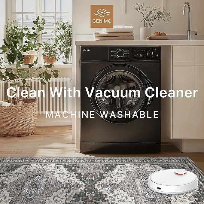 GENIMO 2X10 Hallway Runner Rug, Machine Washable Non Slip Vintage Floral Patchwork Runners, Thin Low Pile Chenille Carpet Runners for Entryway, Kitchen, Bathroom, Bedroom, Slate Gray