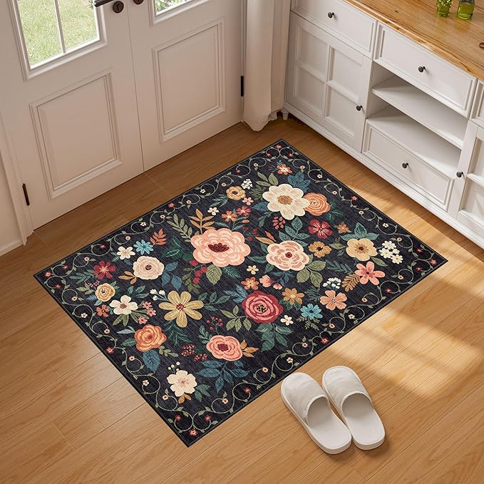 DUKINO 2x3 Rugs for Entryway, Floral Indoor Washable Door Mat, Non Slip Boho Small Rug for Kitchen, Soft Low Pile, Front Door Throw Rug for Entrance, Bedroom, Kitchen, Laundry, Bathroom, Black