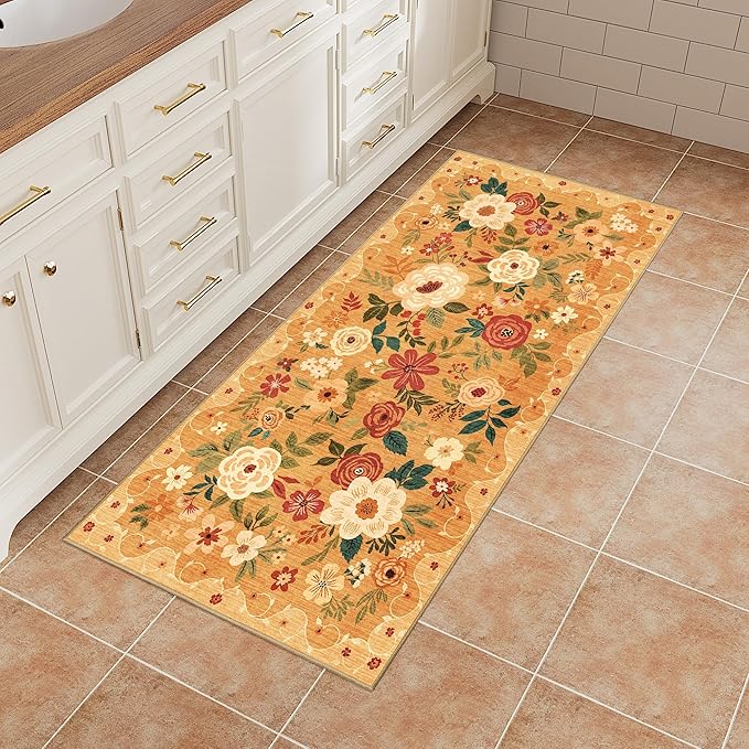 DUKINO 2x4 Rug for Entryway, Washable Kitchen Floral Runner Rug with Non Slip Backing, Low Pile Soft Boho Carpet for Kitchen, Hallway, Entryway, Laundry, Bedroom, Orange