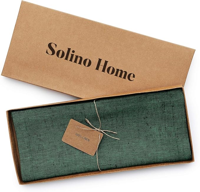 Solino Home Linen Table Runner 90 Inches Long - Athena, 100% Pure Linen Forest Green Table Runner 14 x 90 Inch for Dining, Fall, Autumn, Thanksgiving, Christmas