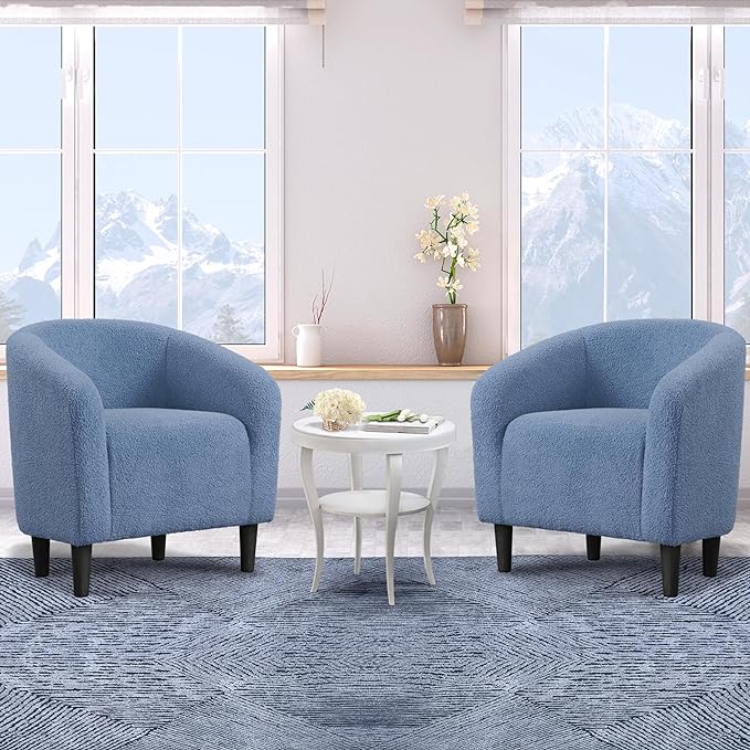 Yaheetech Barrel Chairs, Furry Accent Chairs, Sherpa Chairs with Soft Padded Armrest, Fuzzy Club Chairs for Living Room Bedroom Waiting Room Office, Accent Chairs Set of 2, Blue