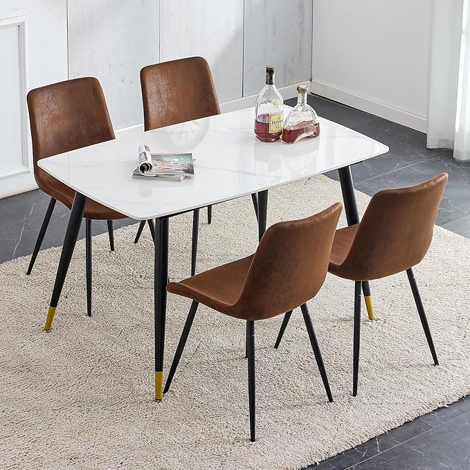 Modern Dining Table Set for 4, 50" Sintered Stone Kitchen Table and 4 Upholstered Suede Leather Chair Dining Room Table Set for 4(1White Table and Brown Chairs Set of 4)