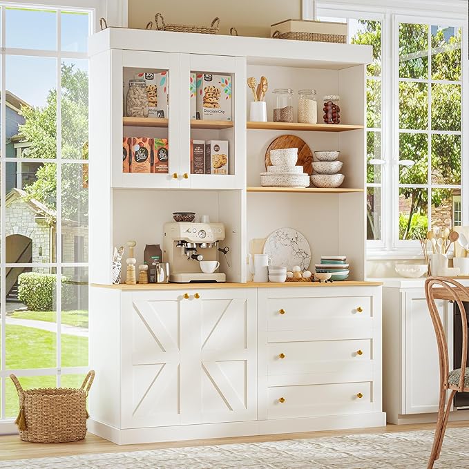 71" Farmhouse Kitchen Pantry Cabinet Set of 3, White Freestanding Coffee Bar Hutch with Glass Doors, Drawers & Adjustable Shelves, Large Storage Cabinet with Microwave Stand for Living Room & Kitchen