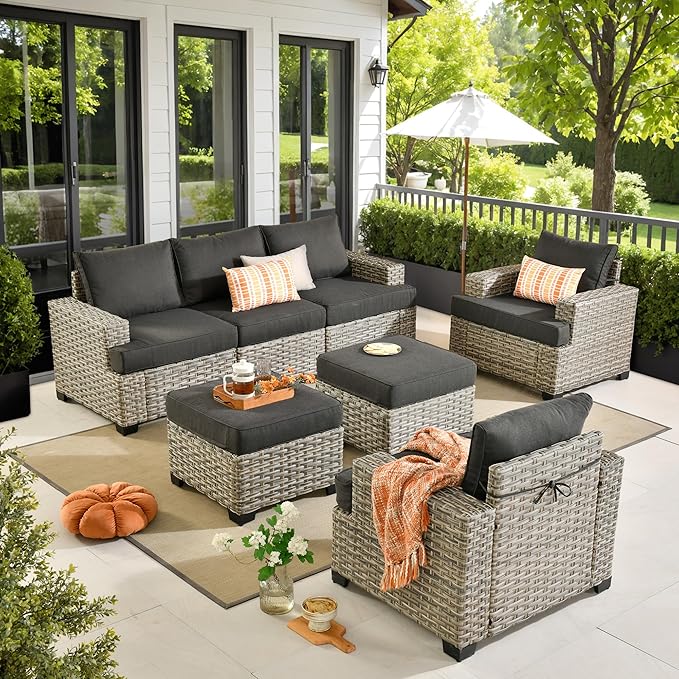 HOOOWOOO Outdoor Sectional Patio Furniture Set,7 Pieces Wicker Conversation Sets,Extra Deep Out Door Sofa Outside Furniture Couch with Ottoman,Black