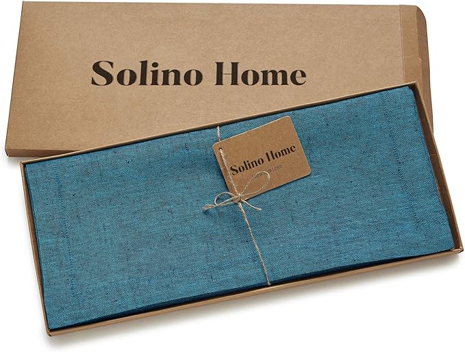 Solino Home Linen Table Runner 90 Inches Long - Athena, 100% Pure Linen Chambray Teal Table Runner 14 x 90 Inch for Dining, Fall, Autumn, Thanksgiving