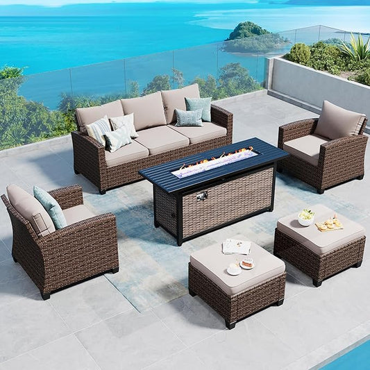 Patio Furniture Set Outdoor Furniture Brown Wicker Rattan Patio Conversation Sets with Cushion Outside Sofa Set,6 Pieces with Rectangular Firepit Table,7 Seats,Beige