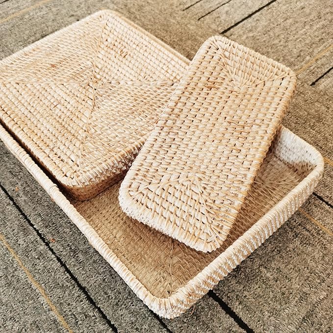 i-lan Set of 3 Handmade White Rattan Rectangle Serving Tray,Washed White Wicker Serving Organizer Tabletop Fruit Platter with 2”Wall,14 Inch Decorative Bread Drinks Snack Storage Serving Basket Tray