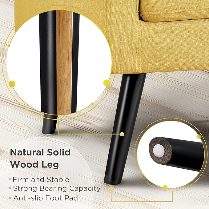 Yaheetech Mid-Century Accent Chairs, Modern Upholstered Living Room Chair, Cozy Armchair Button Tufted Back and Wood Legs for Bedroom/Office/Cafe, Set of 2, Yellow