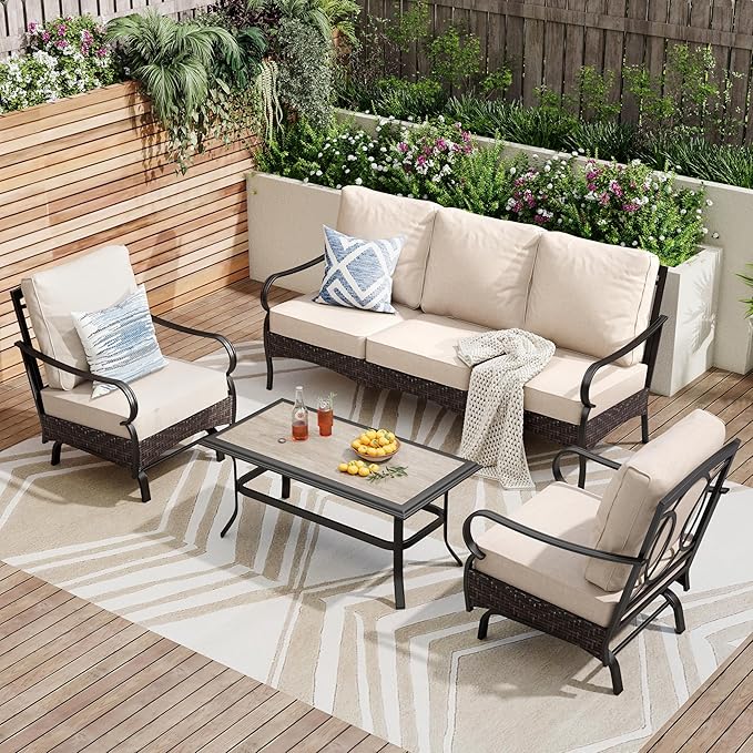 PHI VILLA Outdoor Modern Patio Furniture Set, Upgraded Wicker&Metal Patio Furniture Conversation Set with Waterproof Thick Cushions for Porch, Poolside, Deck, and Yard (4 Pieces,Beige)