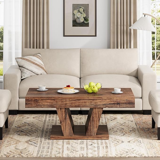 Farmhouse Coffee Table with 2 Side Drawers, 43 inch Wood Center Tea Table with Hidden Storage, Rectangle Cocktail Table for Living Room, Office, Small Space, Brown