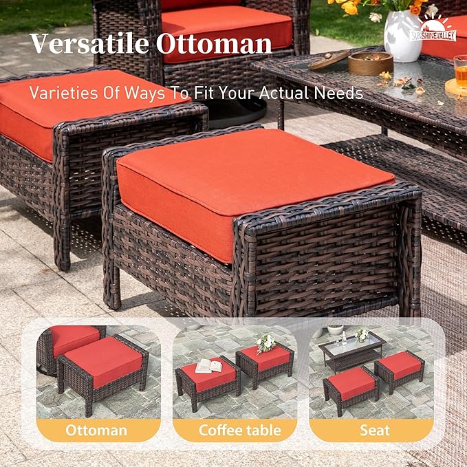 Patio Furniture Set with Swivel Chairs, High Back Wicker Rattan Furniture with 5.5" Thick Cushion and 2 Ottoman, Outdoor Conversation Set for Backyard Deck, Red