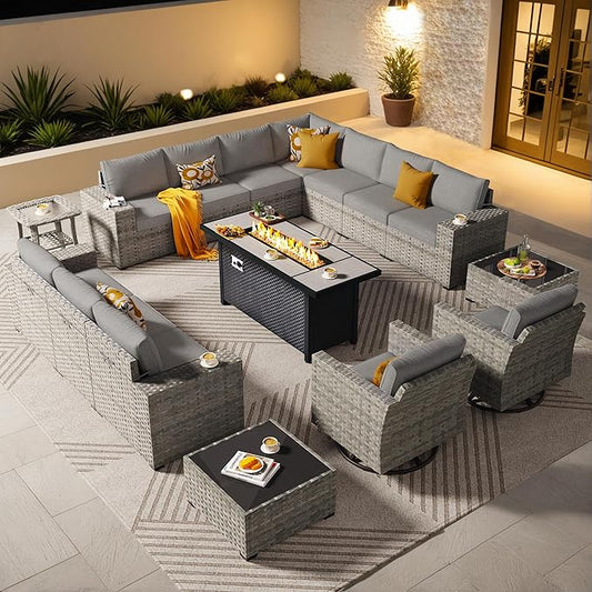 ovios 16 Pieces Patio Furniture Set, Outdoor Wicker Sectional Sofa with 54" Fire Pit Table Swivel Chairs, Modern Modular Deep Seat Rattan Couch Conversation Sets, Dark Grey
