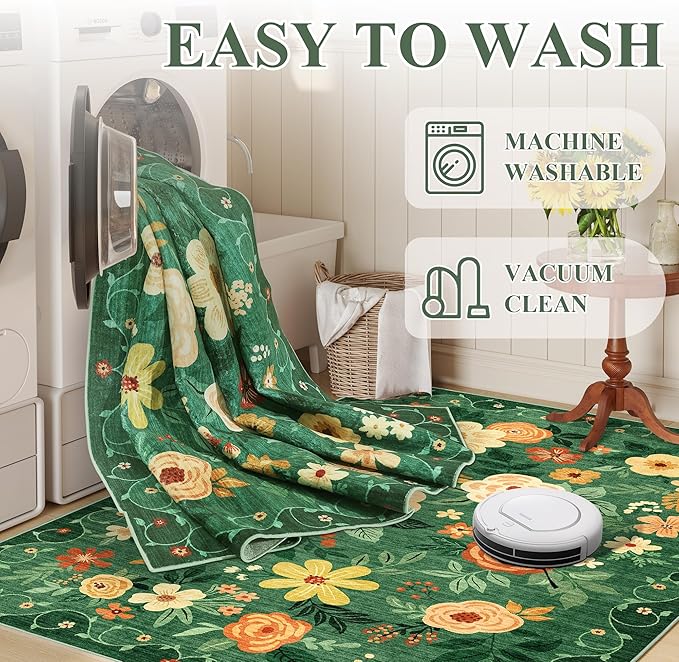 DUKINO 3x5 Area Rug, Floral Rugs for Living Room, Lightweight Non Slip Washable Rug, Indoor Low Pile & Non-Shedding Boho Design Rugs for Bedroom, Living Room, Dining Room, Dark Green