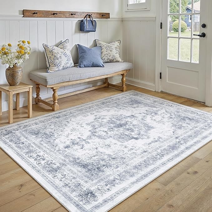 Area Rug 5x7 Washable Blue Rug Vintage Boho Medallion Large Distressed Retro Carpet for Living Room Non Slip Indoor Low Pile Small Soft Bedroom Dining Room Home Office