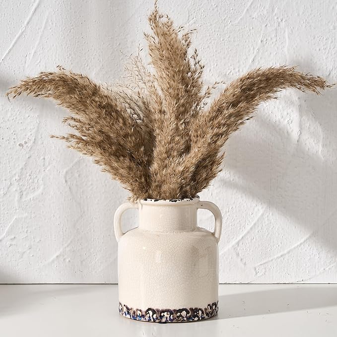 White Ceramic Vase with 2 Handles, 5.83 Inch Cute Retro Ice Cracked Flower Vase, Small Antique Vases for Modern Farmhouse Home Decor, Wedding, Living Room, Table, Shelf Decor, White