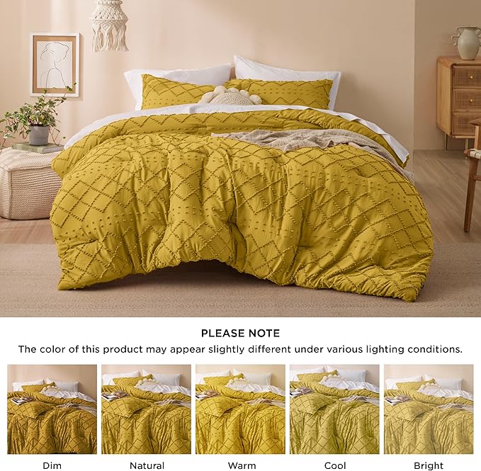 Bedsure King Comforter Set - Mustard Yellow Comforter, Boho Tufted Shabby Chic Bedding for Kids, 3 Pieces Vintage Farmhouse Bed Set for All Seasons, Fluffy Soft Bedding with 2 Pillow Shams