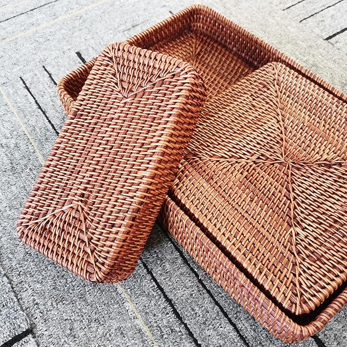 i-lan Set of 3 Handmade Coffee Rattan Rectangle Serving Tray 14" Honey Brown Wicker Serving Organizer Fruit Platter with 2” Wall Long Rectangle Decorative Bathroom Accessories Basket Tray
