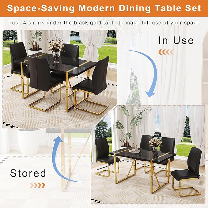 55" Black Dining Table Set for 4, 5 Piece Dining Table Set, 1.5" Black Glossy Wood Tabletop with Gold Metal Legs, Modern Kitchen Table Set with 4 Bow-legged Faux Leather Chairs for Dining, Small Space